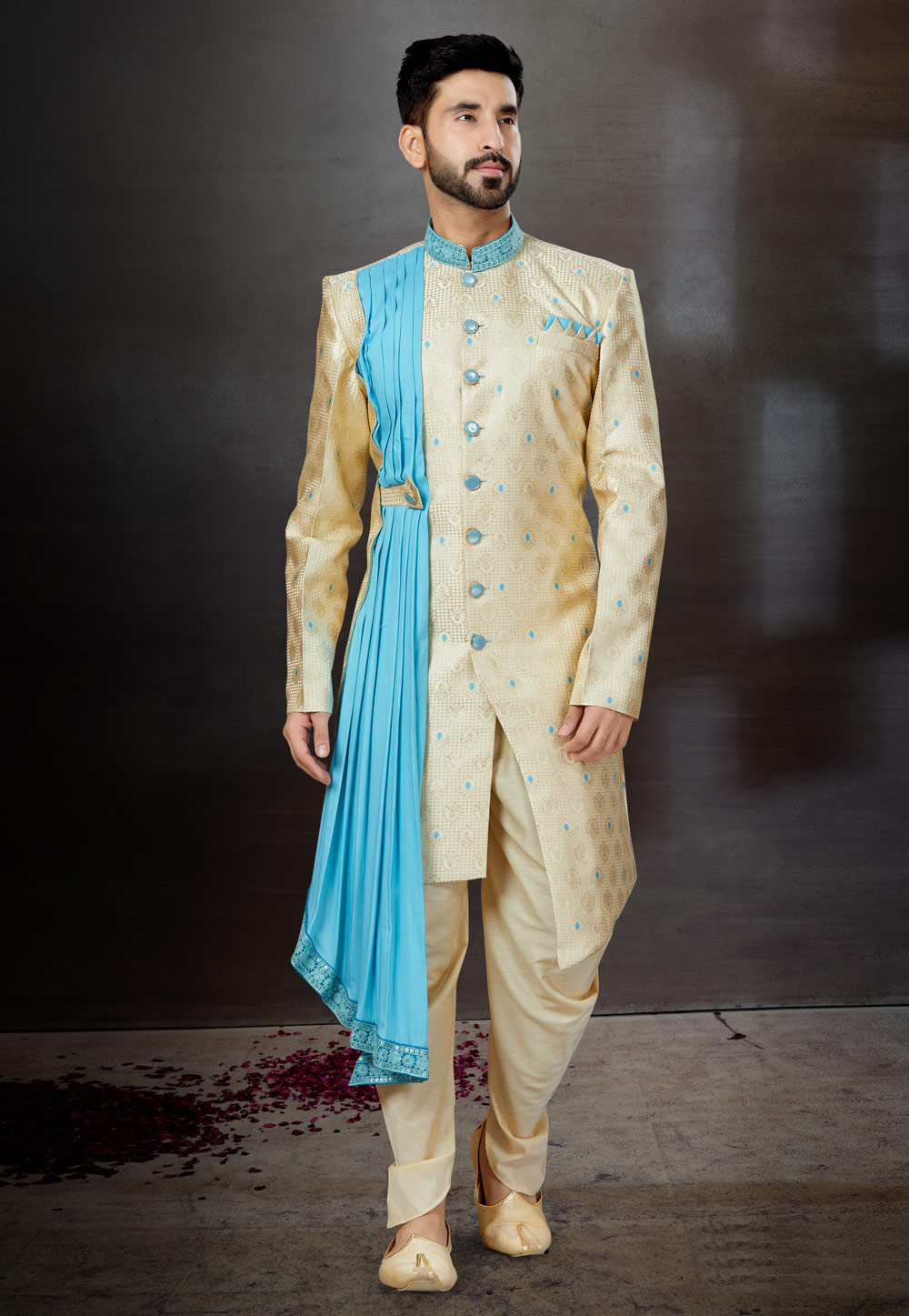 Golden Jacquard Indo Western Suit 259295