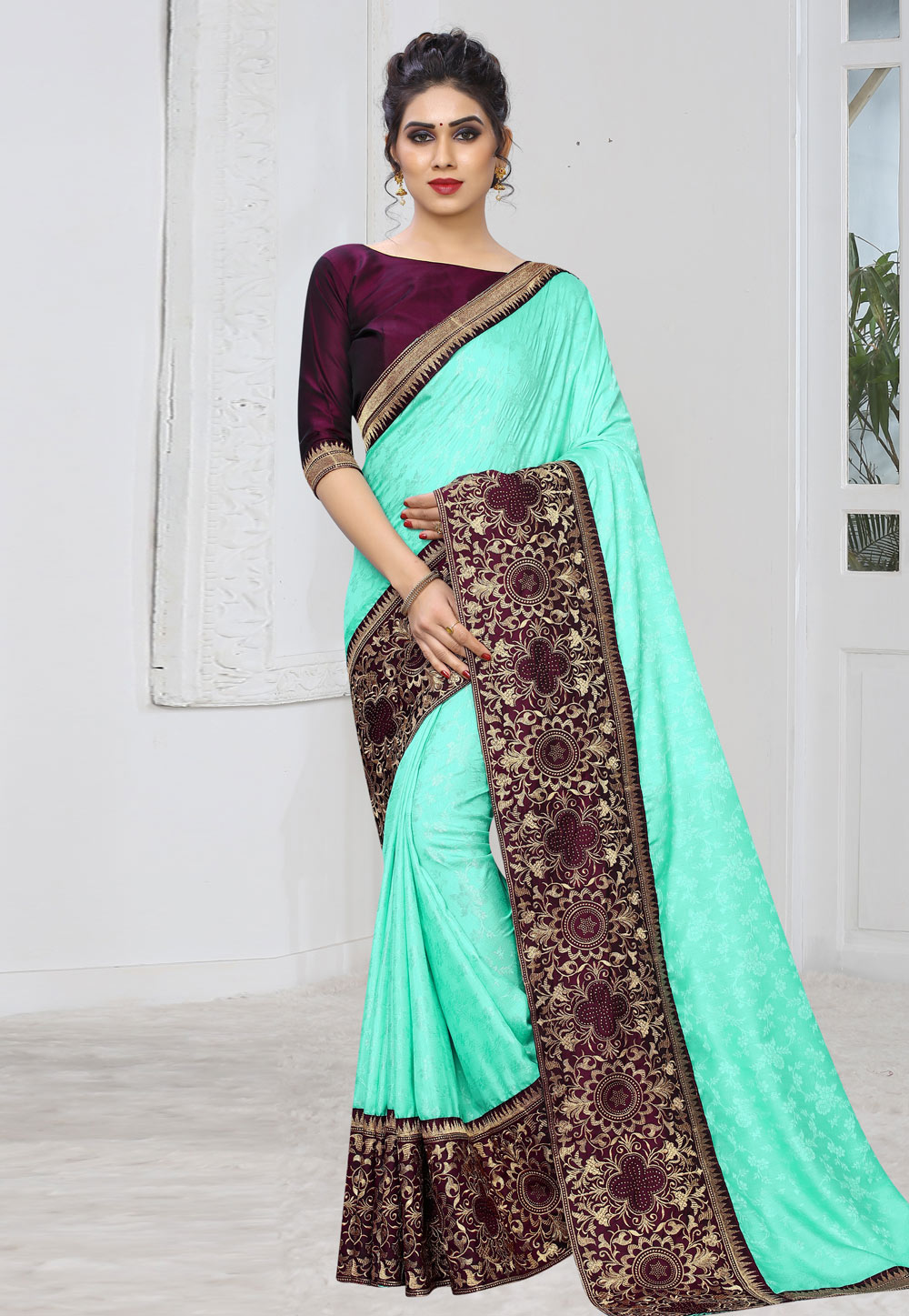 Aqua Silk Jacquard Saree With Blouse 236792