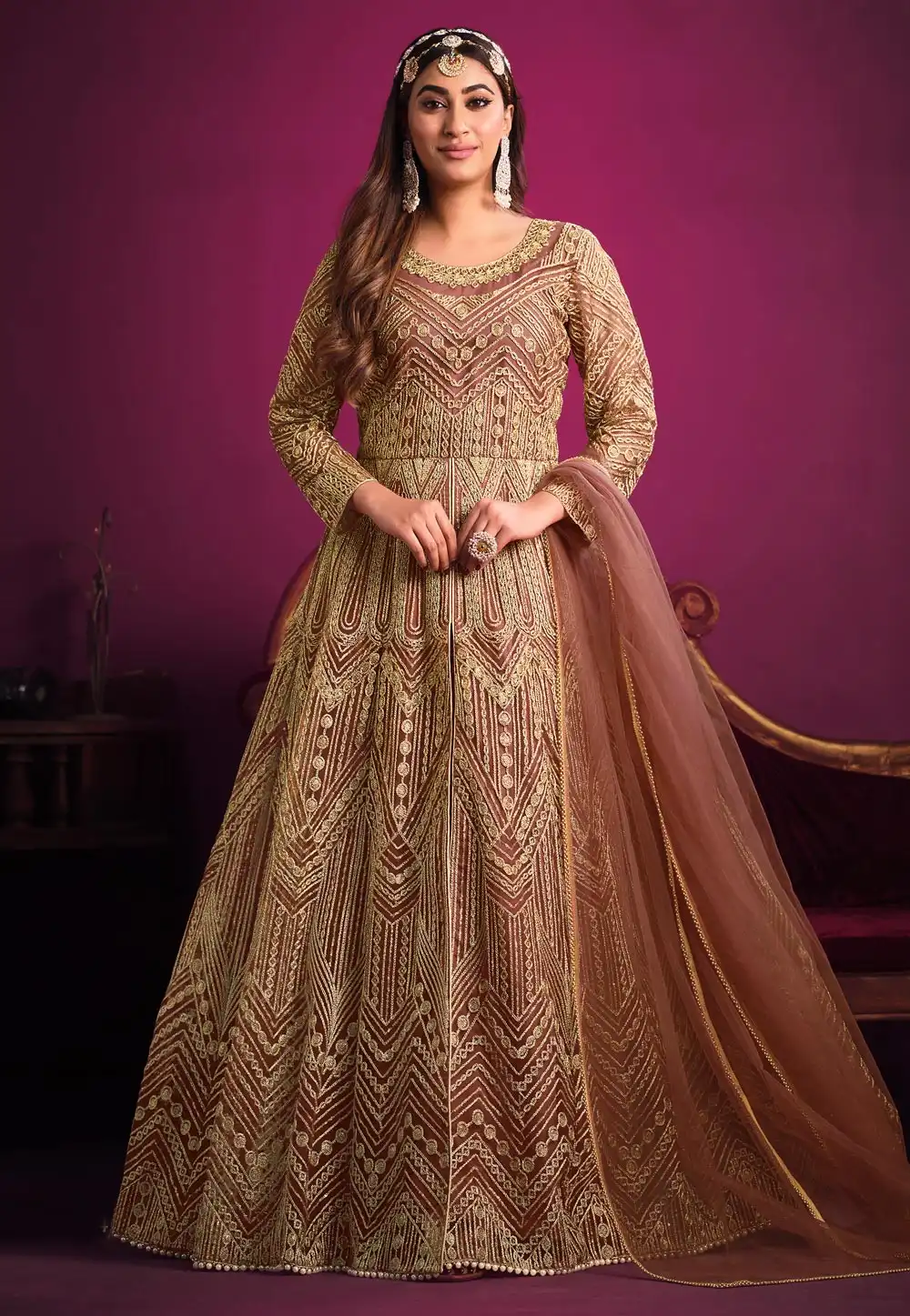 Brown Net Embroidered Pant Style Suit 261144