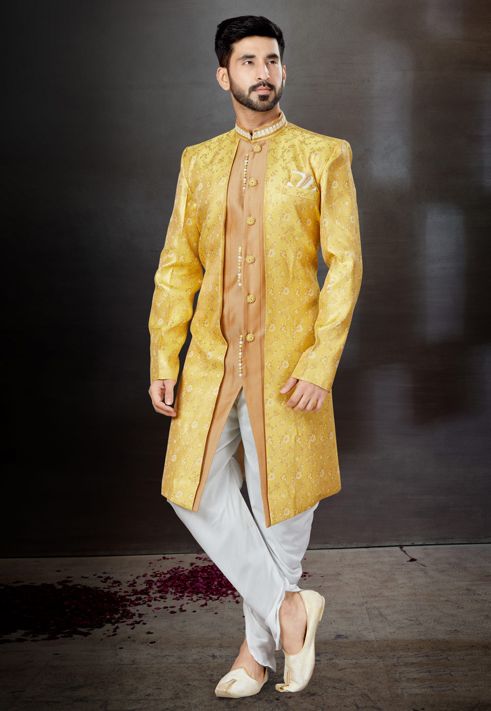 Yellow Jacquard Indo Western Suit 259297