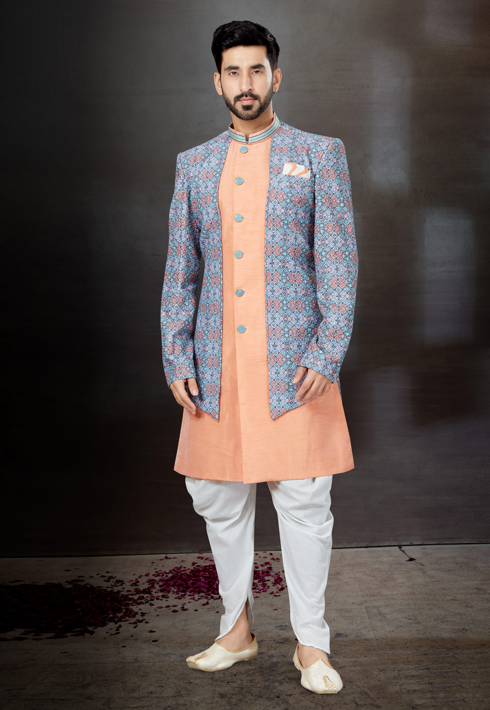 Peach Silk Indo Western Suit 259299