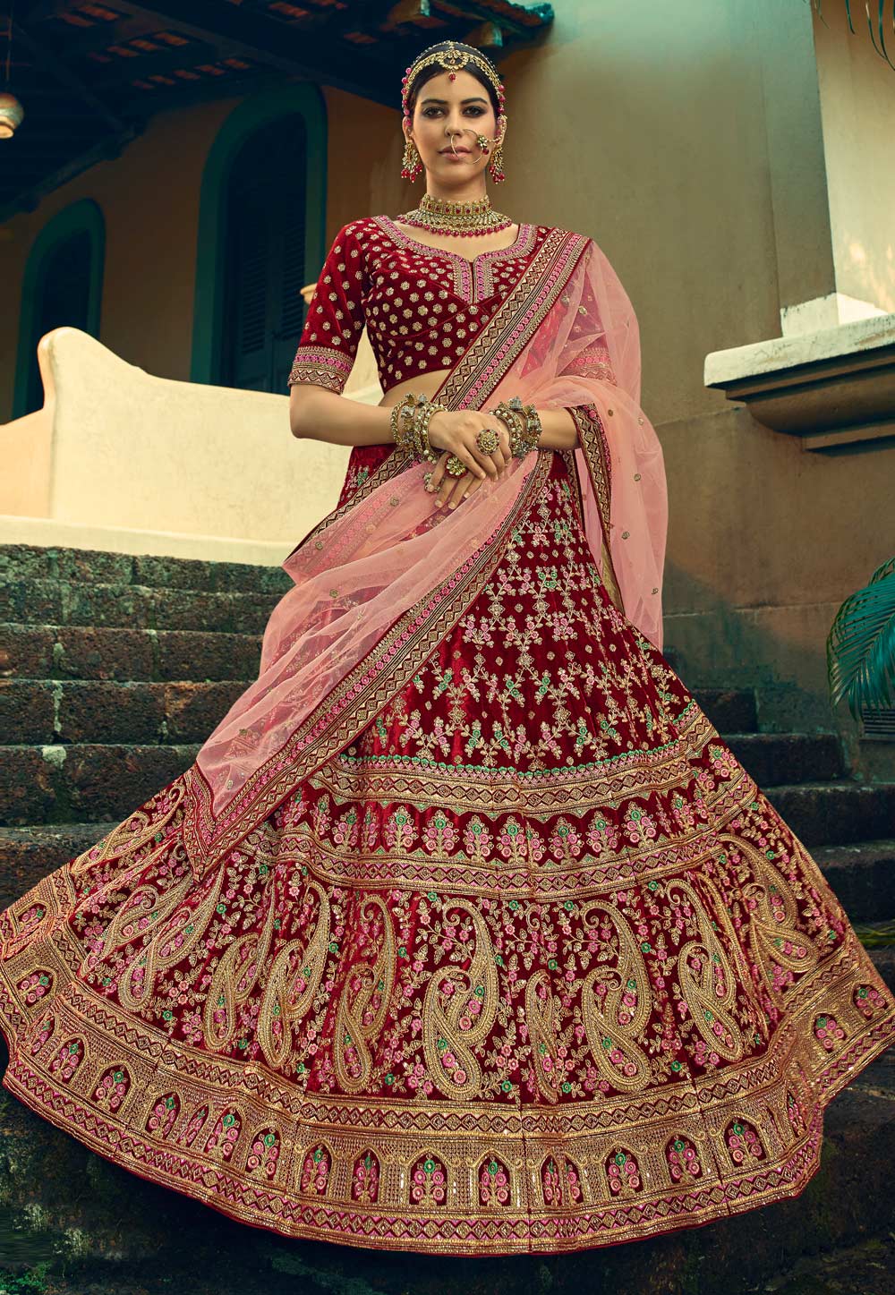 Maroon Velvet Embroidered Bridal Lehenga Choli 236817
