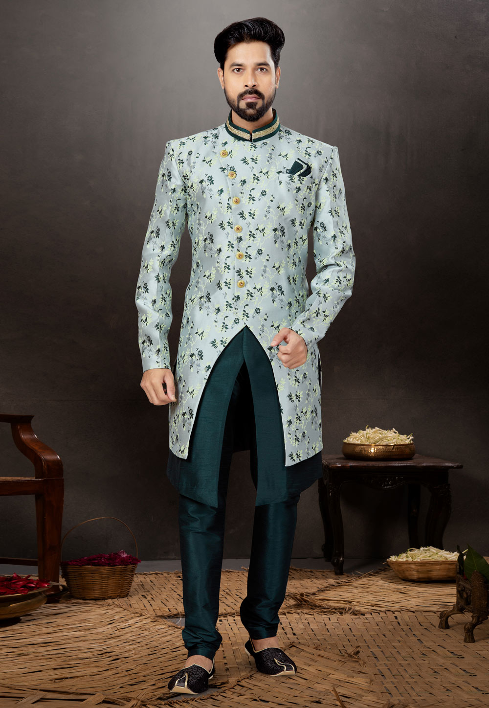 Teal Jacquard Indo Western Suit 259304