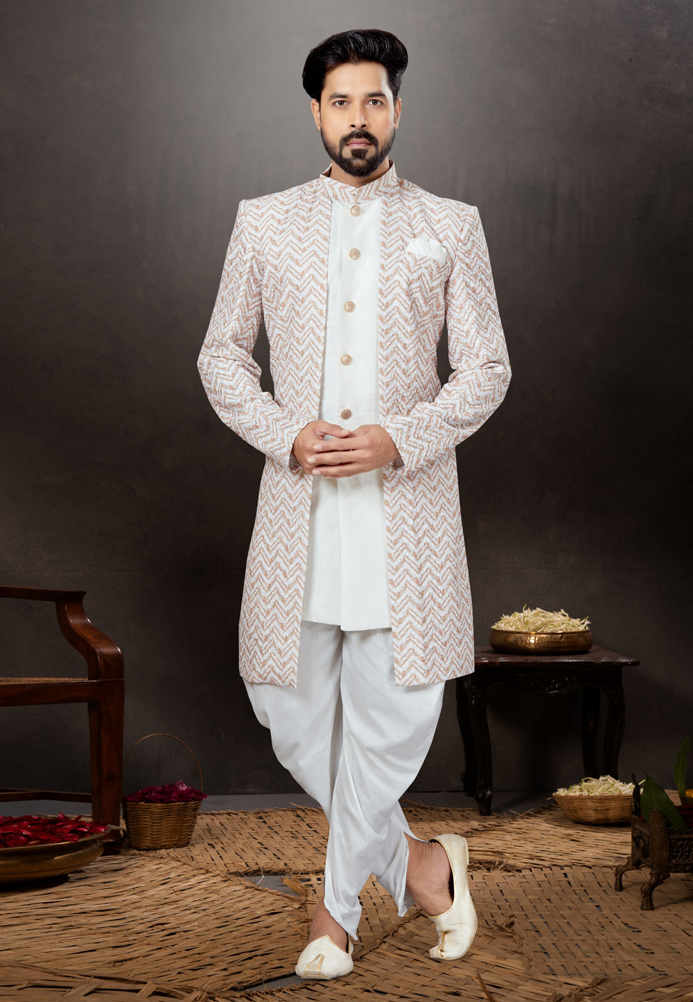 Off White Silk Indo Western Suit 259306