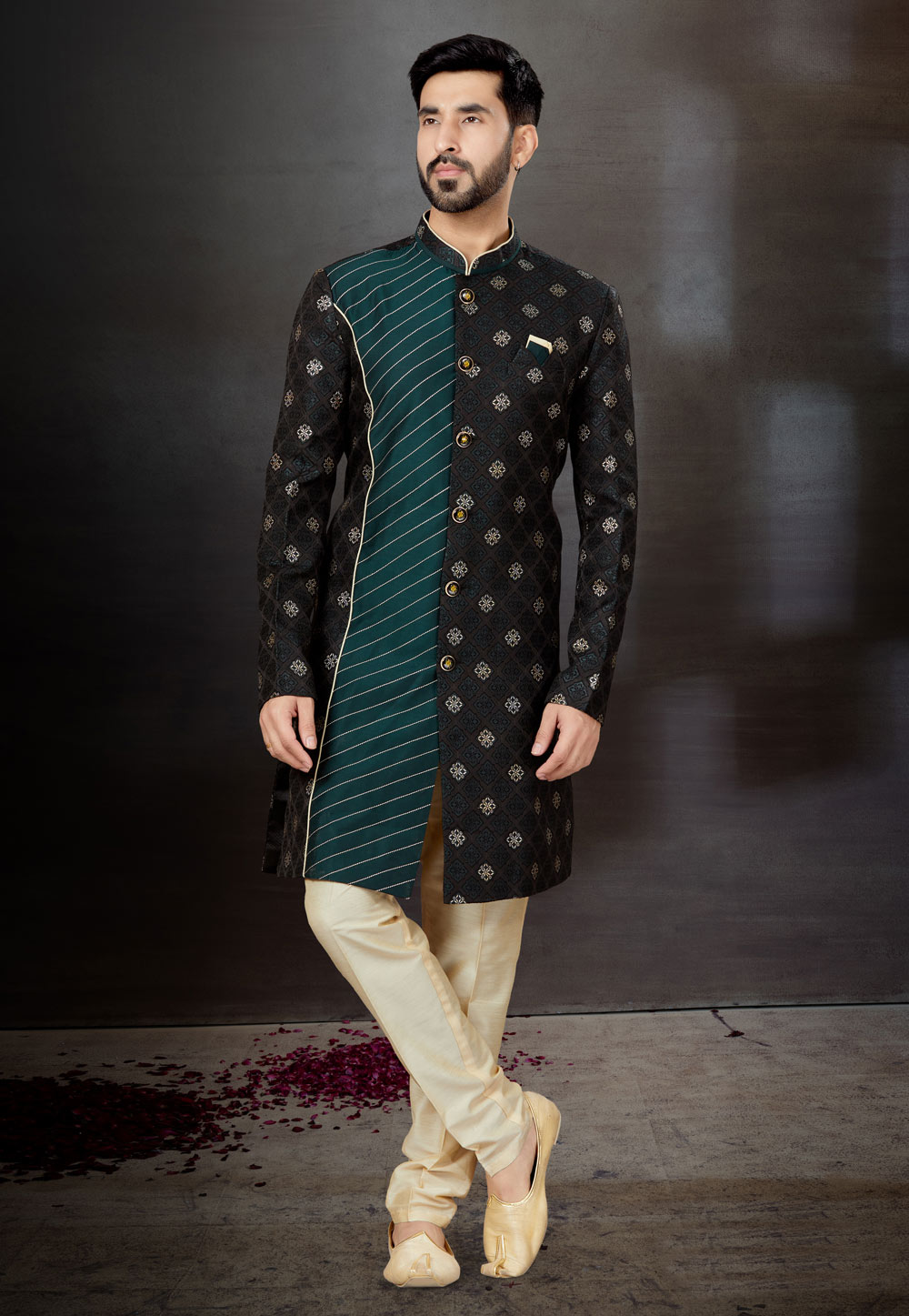 Black Jacquard Indo Western Suit 259307