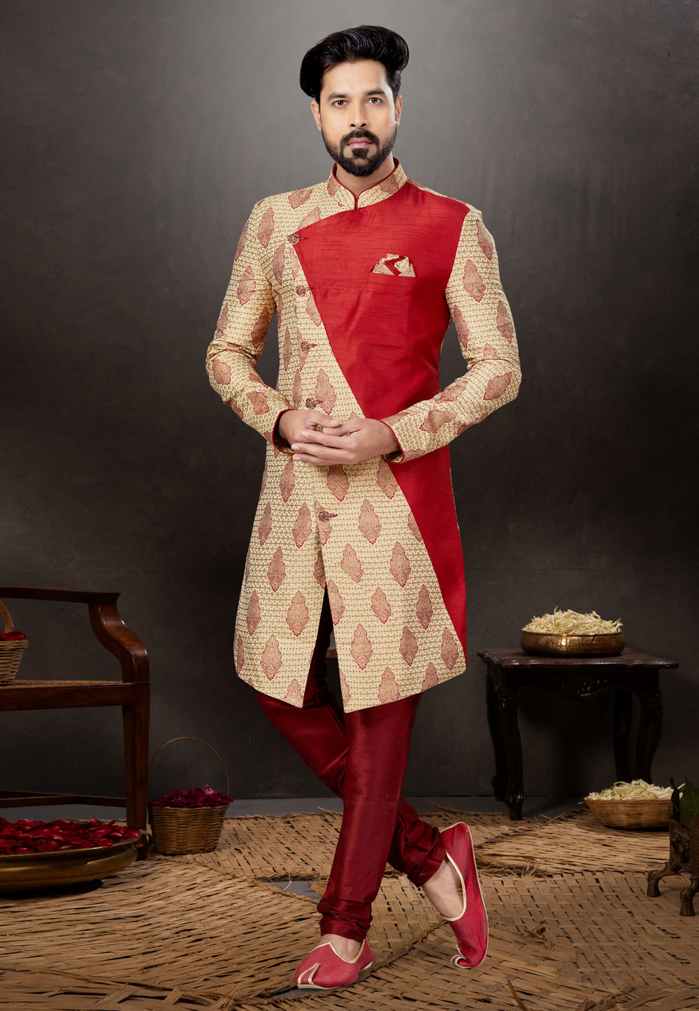 Maroon Jacquard Indo Western Suit 259308