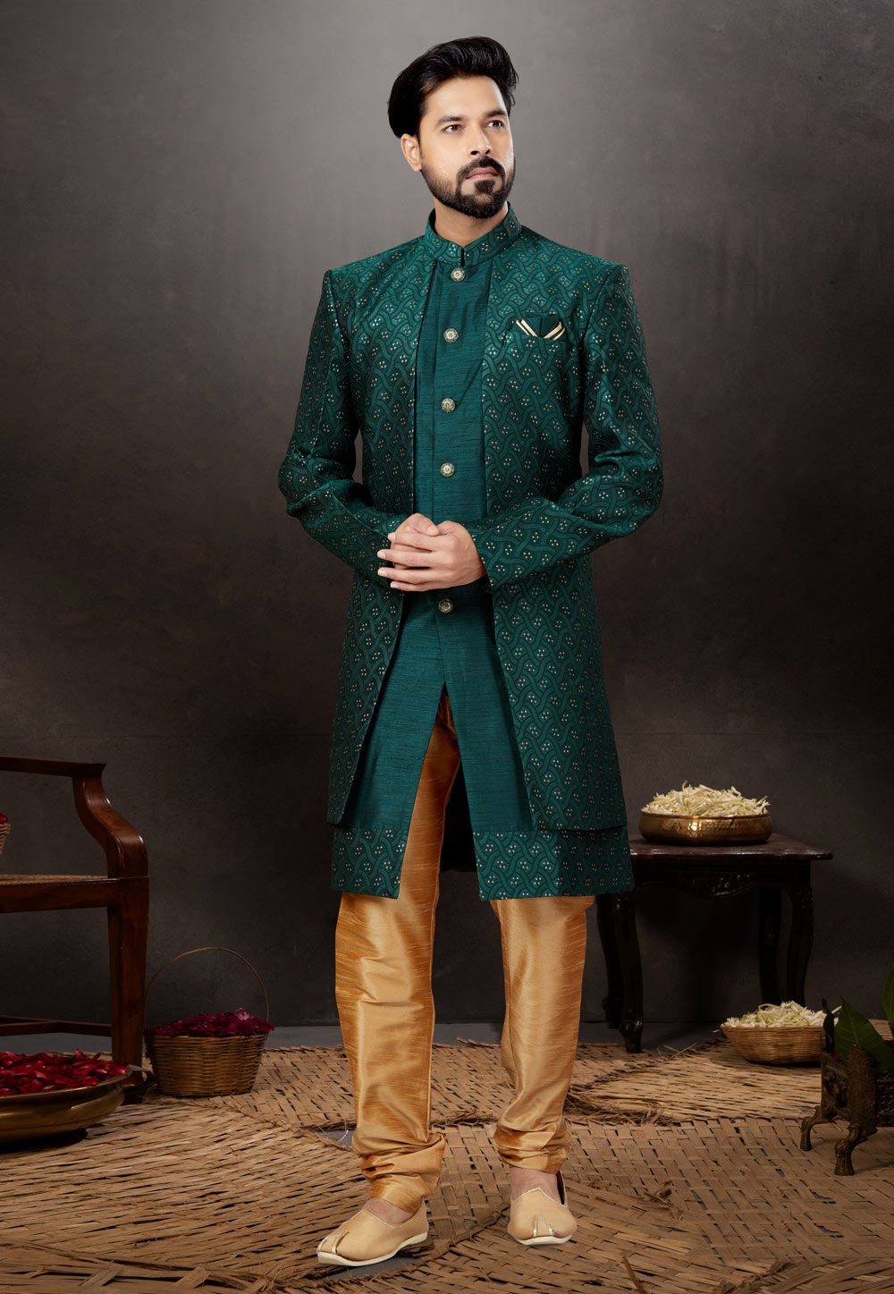 Teal Silk Indo Western Suit 259312
