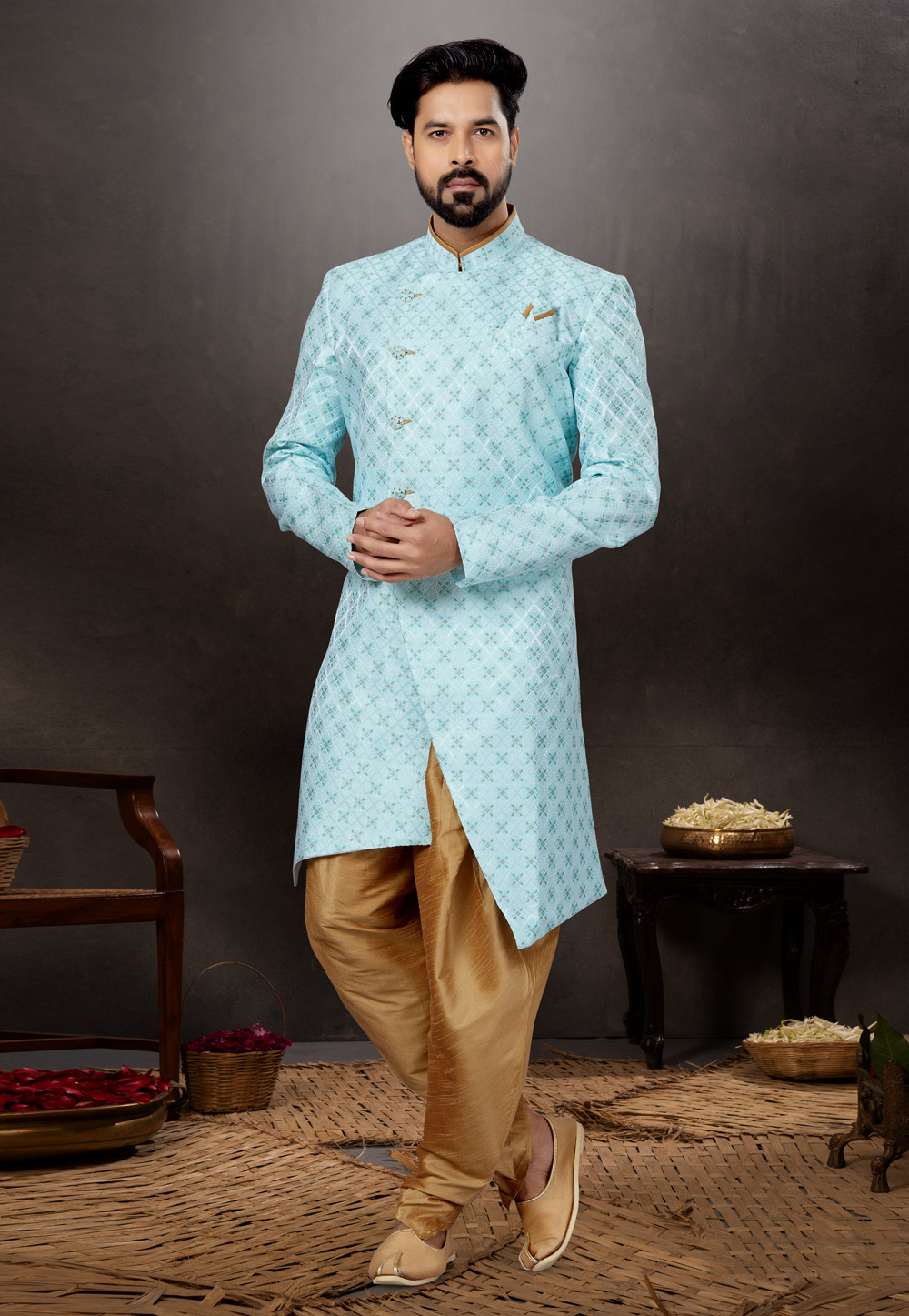 Sky Blue Jacquard Indo Western Suit 259316