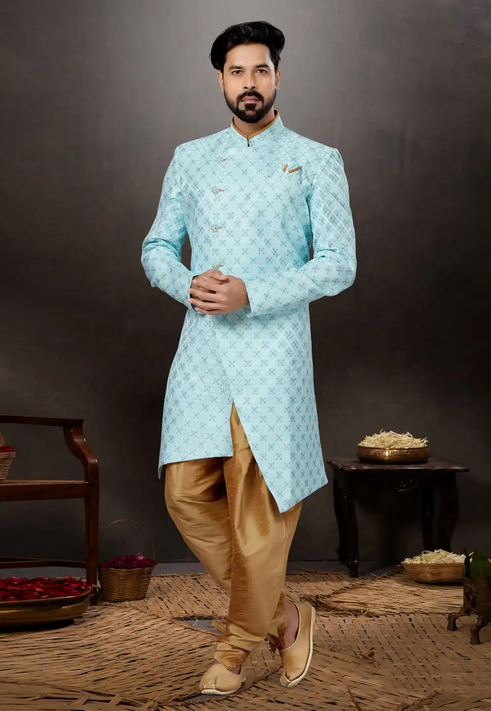 Sky Blue Jacquard Indo Western Suit 259316