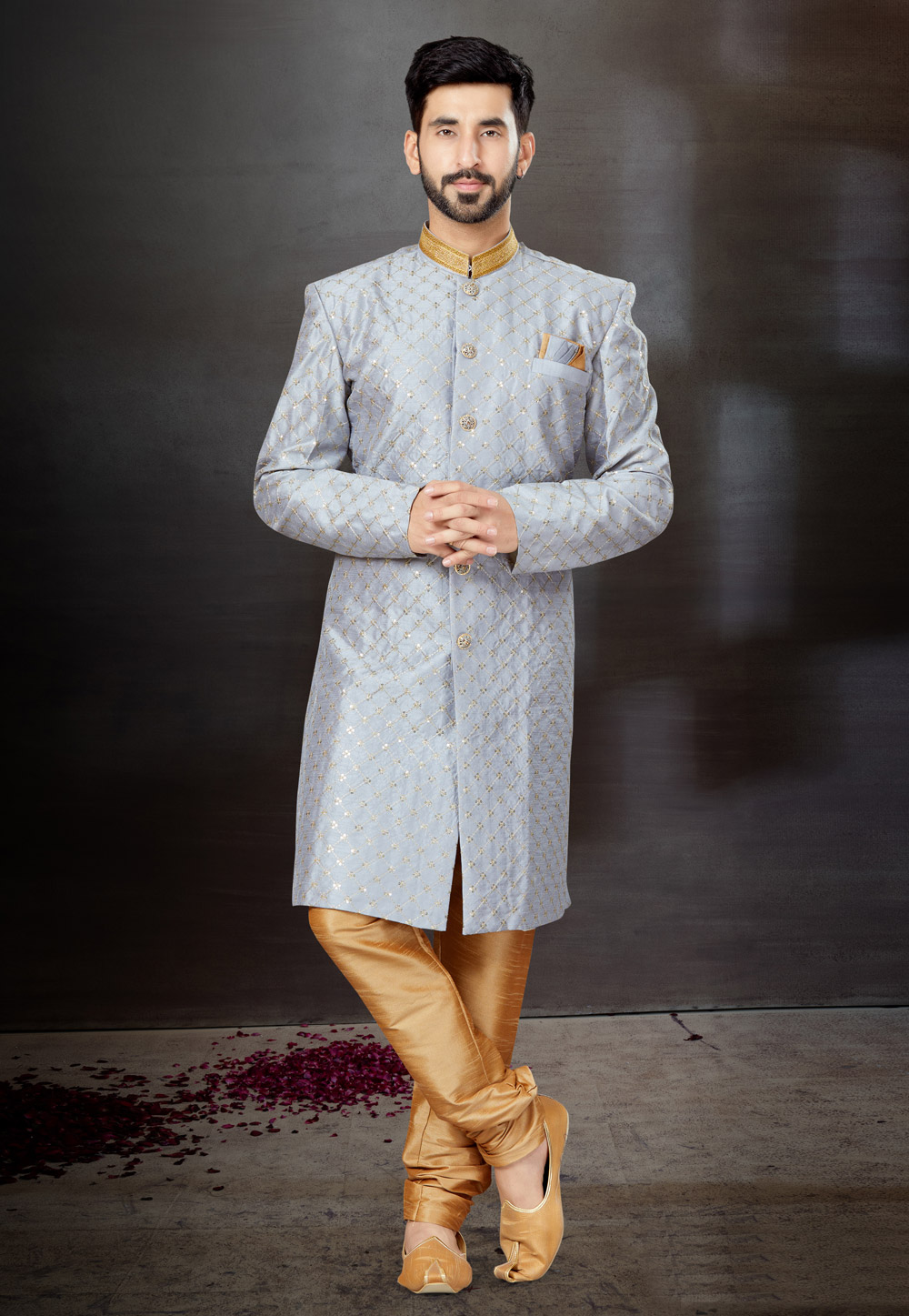 Grey Jacquard Indo Western Suit 259321