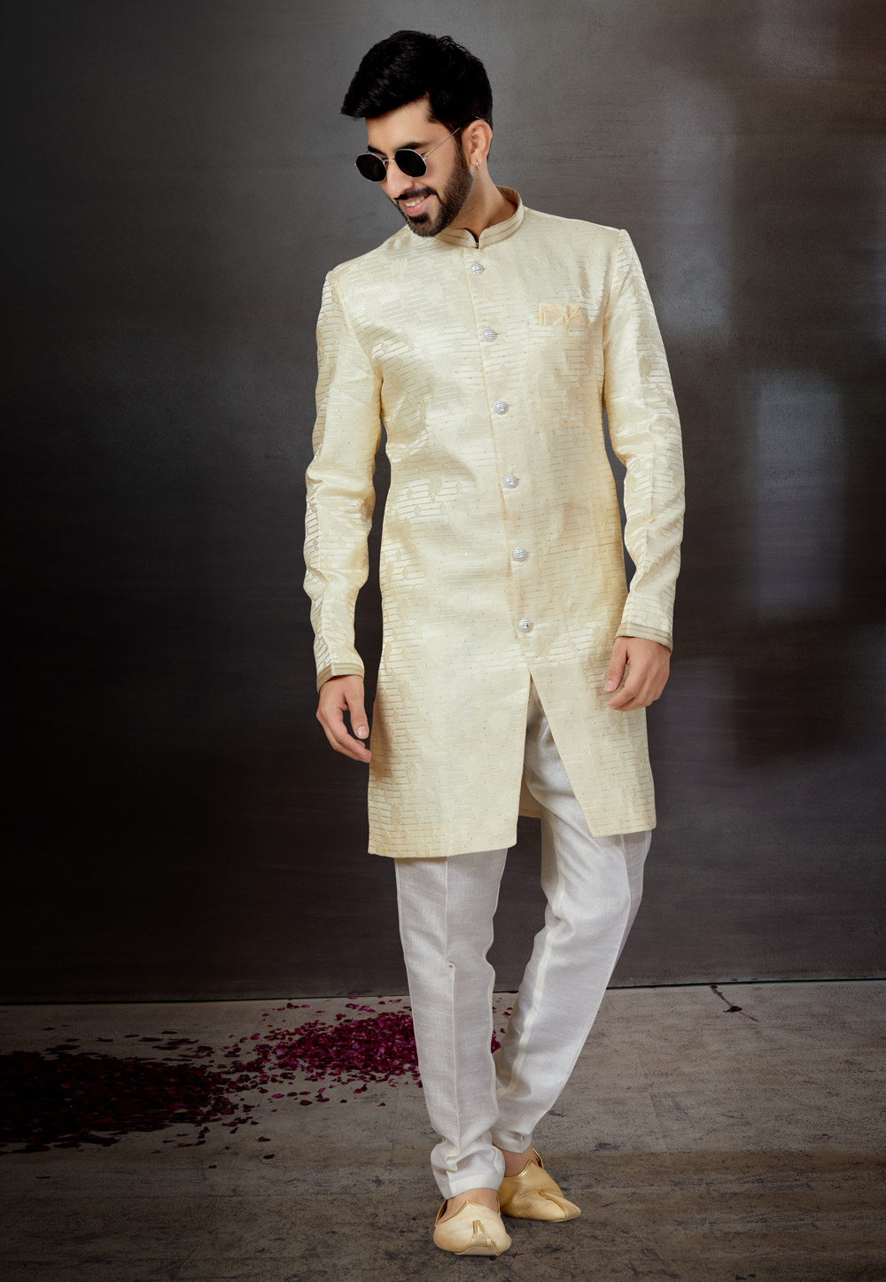 Cream Jacquard Indo Western Suit 259323