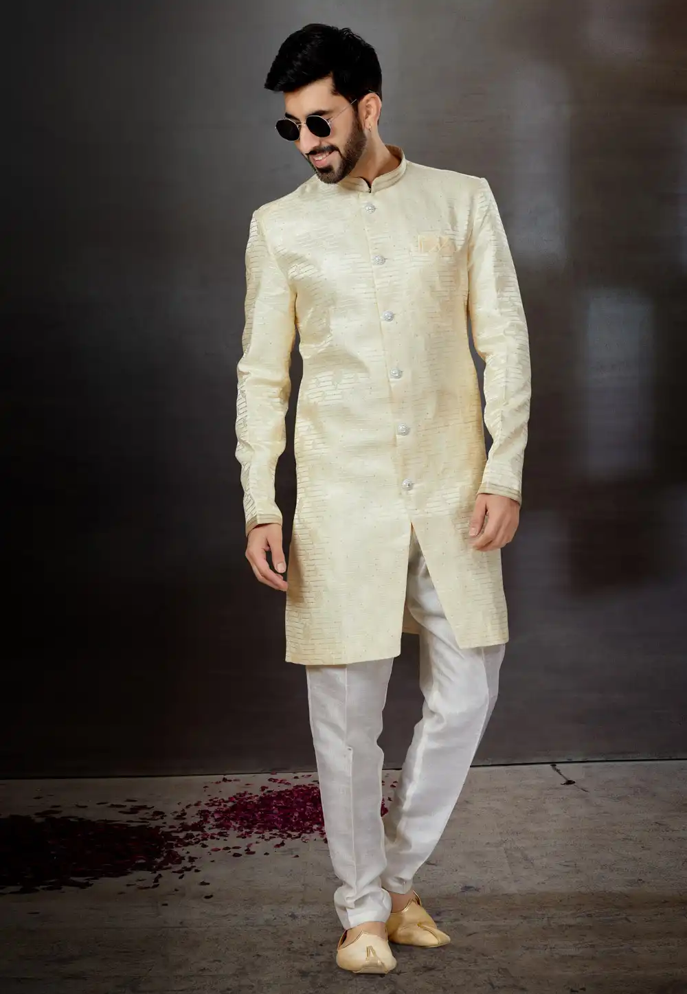 Cream Jacquard Indo Western Suit 259323