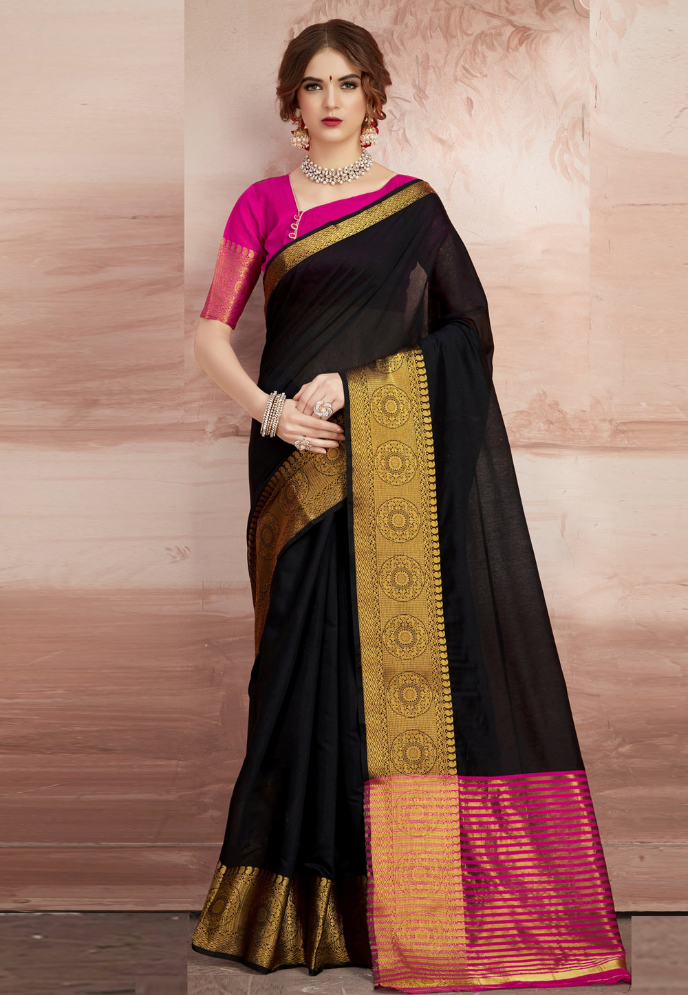 Black Chanderi Saree With Blouse 162815
