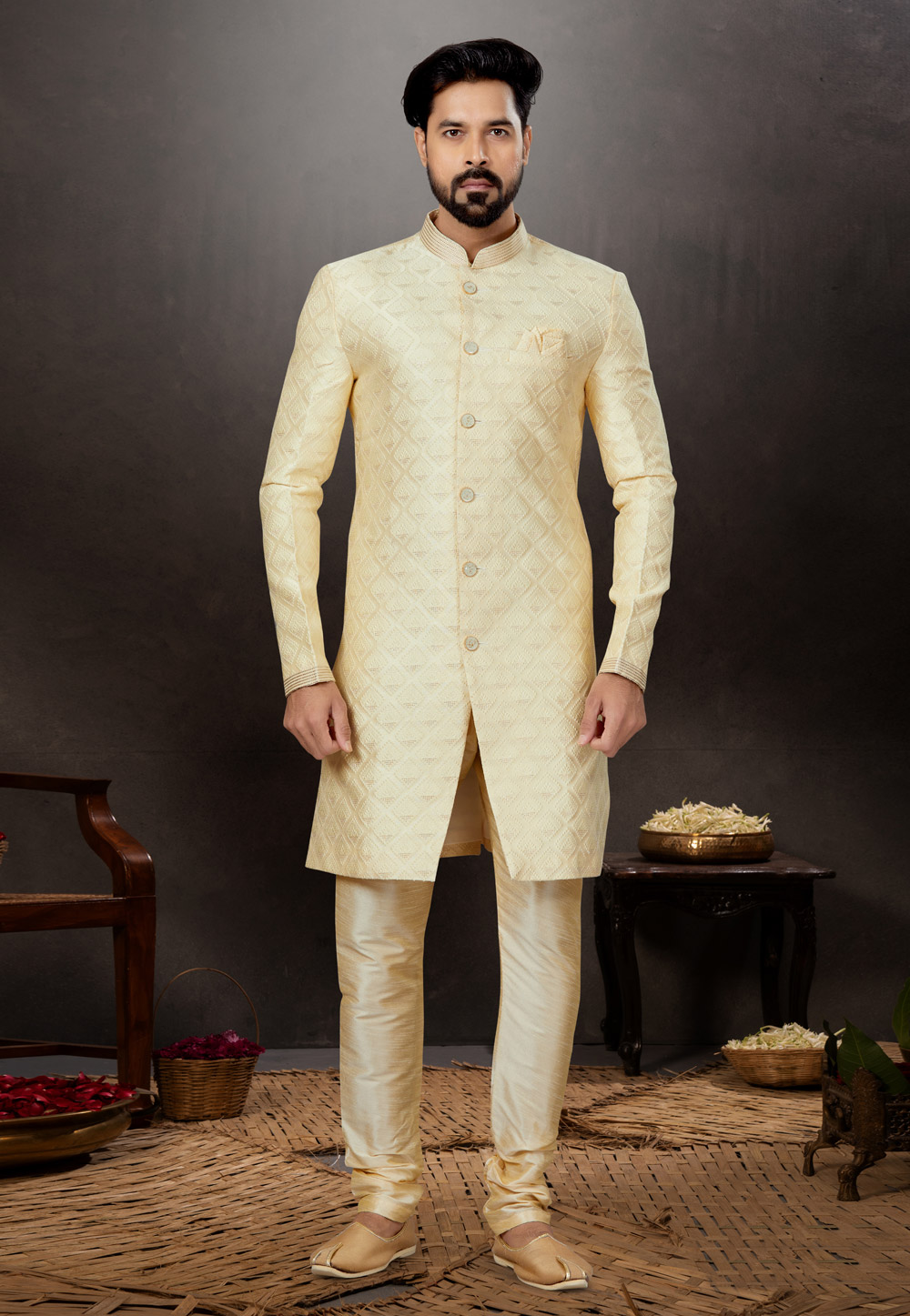 Golden Jacquard Indo Western Suit 259324