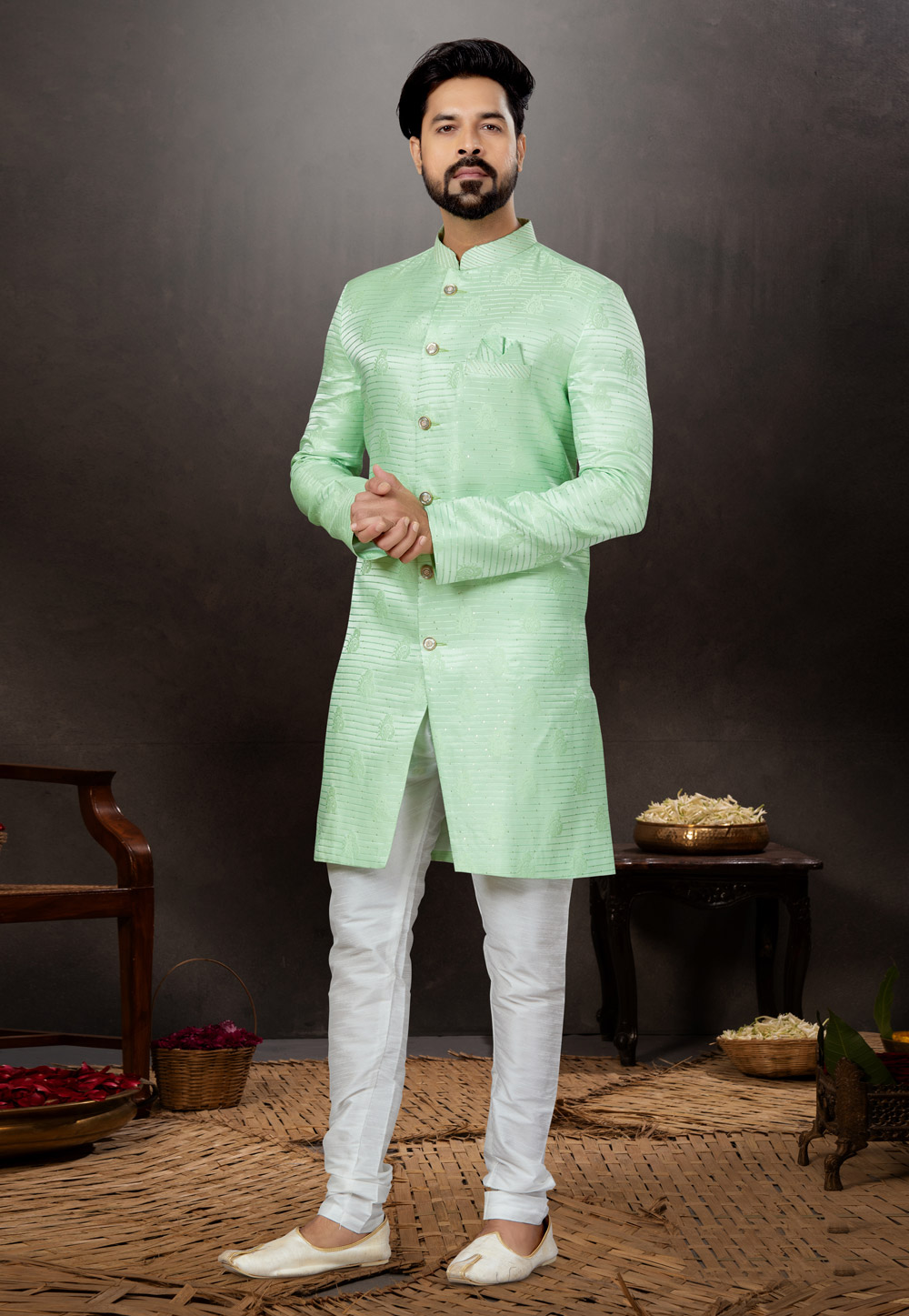 Light Green Jacquard Indo Western Suit 259326