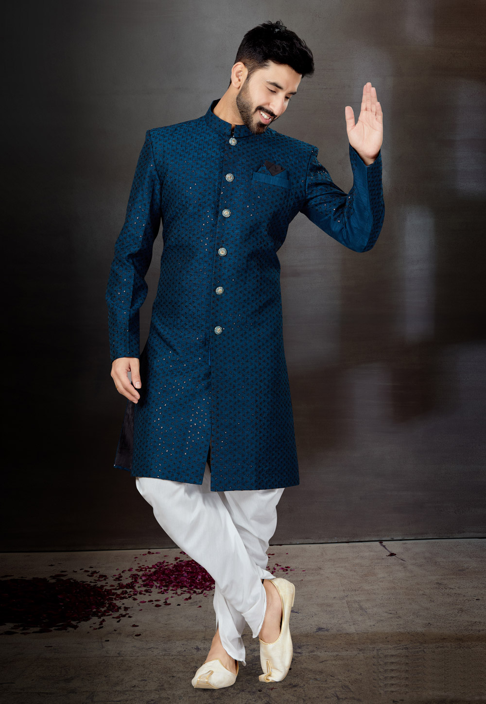 Teal Jacquard Indo Western Suit 259327