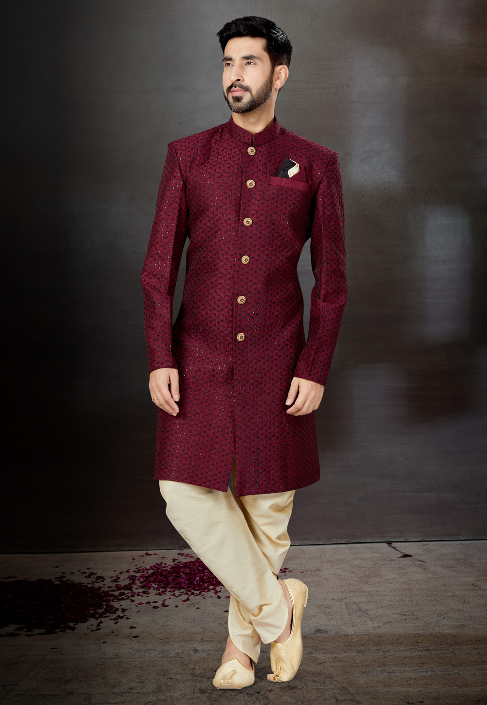 Wine Jacquard Indo Western Suit 259329