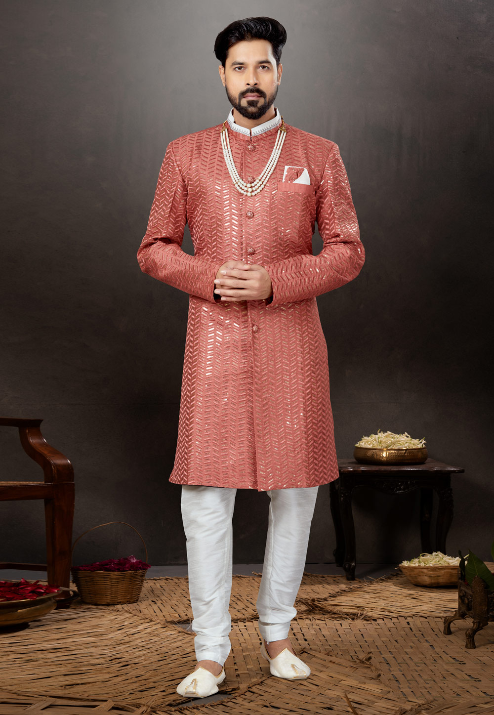 Rust Jacquard Indo Western Suit 259330