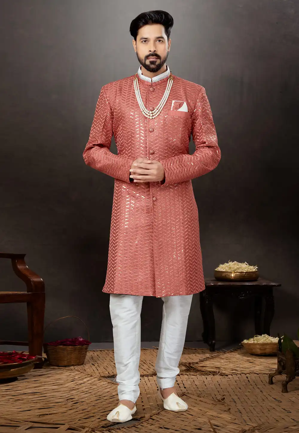 Rust Jacquard Indo Western Suit 259330