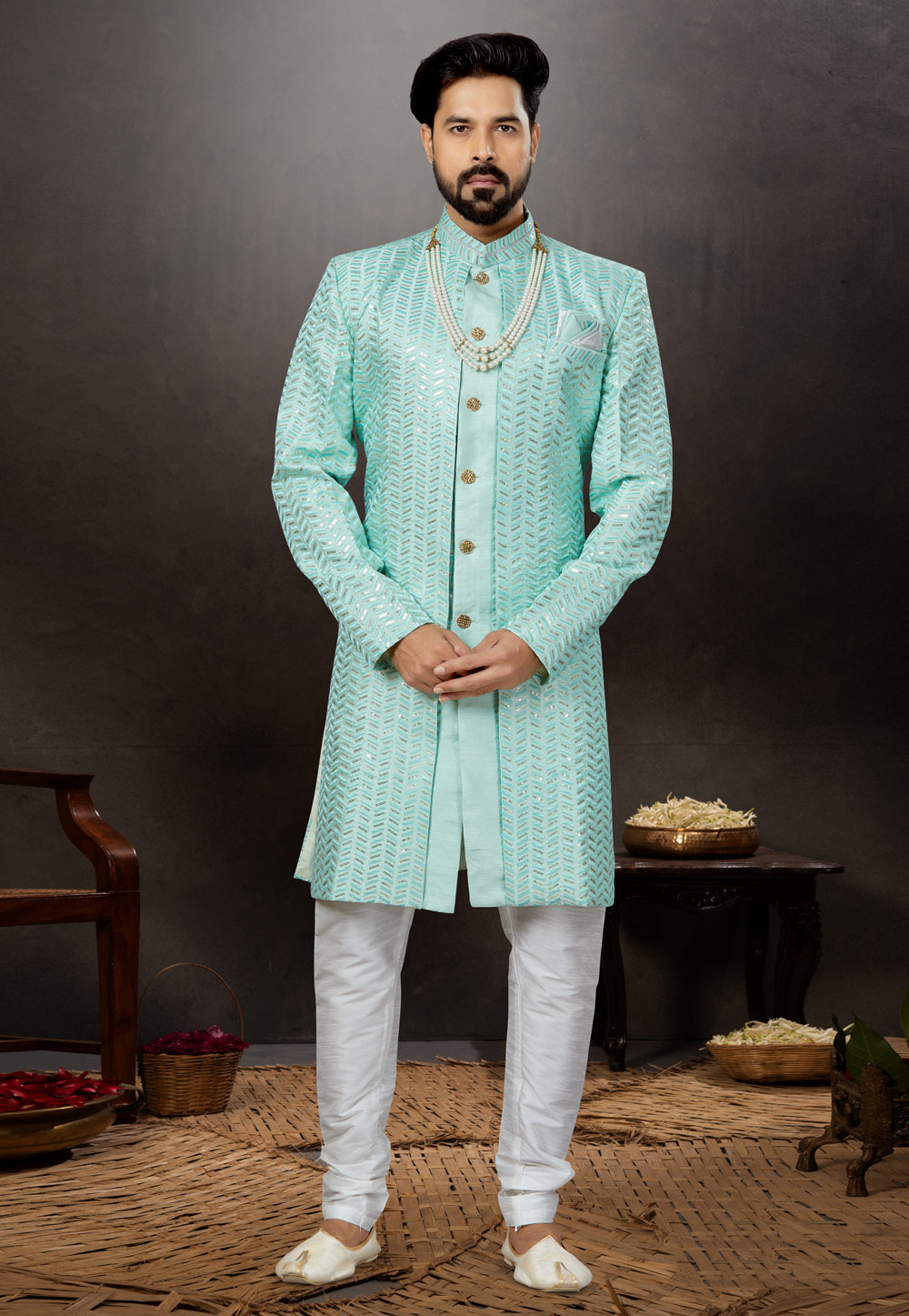 Aqua Jacquard Indo Western Suit 259331
