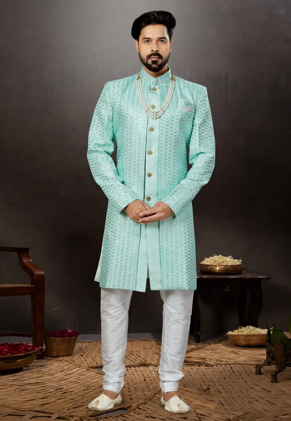 Aqua Jacquard Indo Western Suit 259331