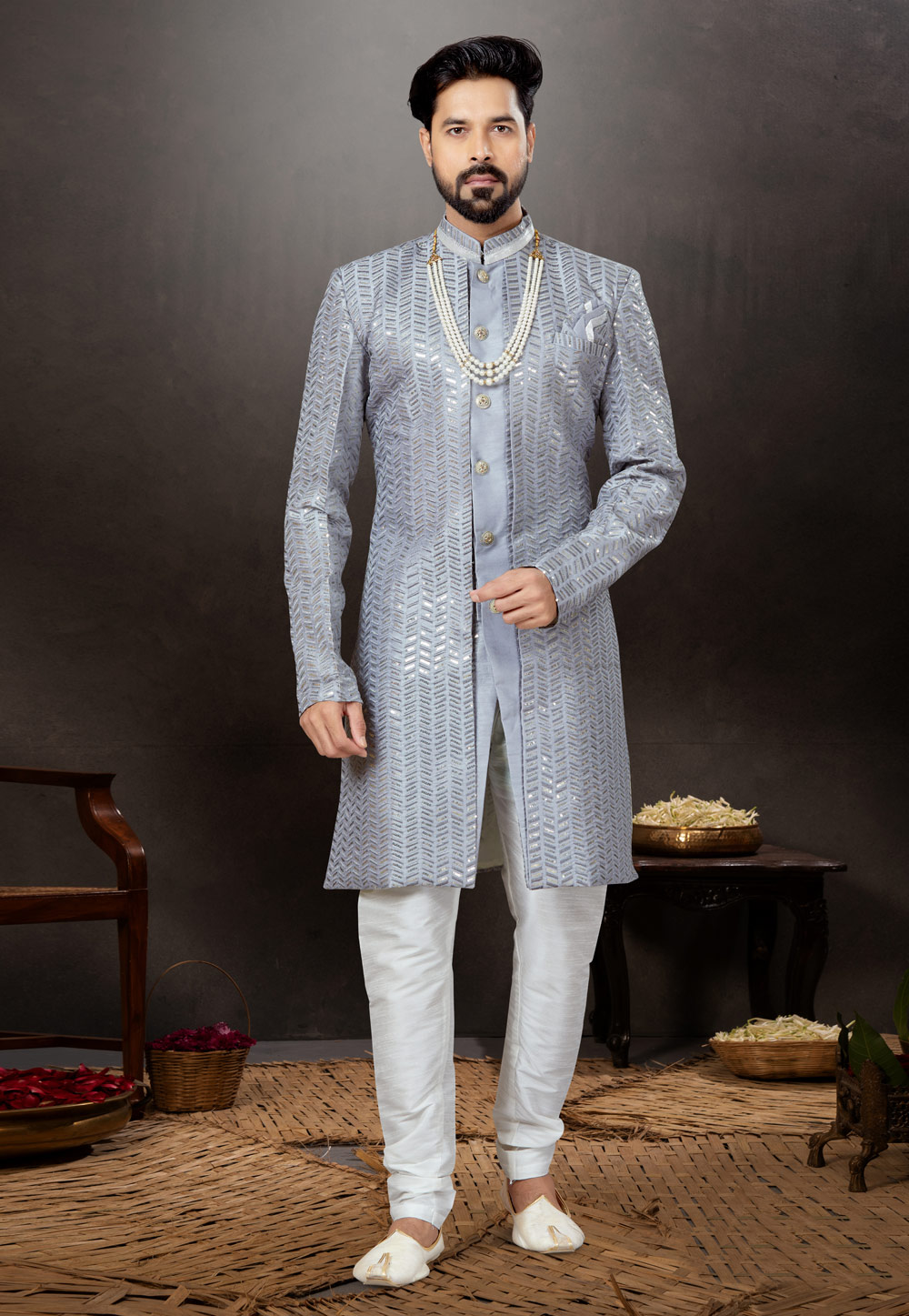 Grey Jacquard Indo Western Suit 259332