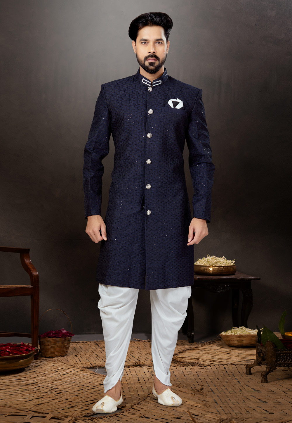 Navy Blue Jacquard Indo Western Suit 259333