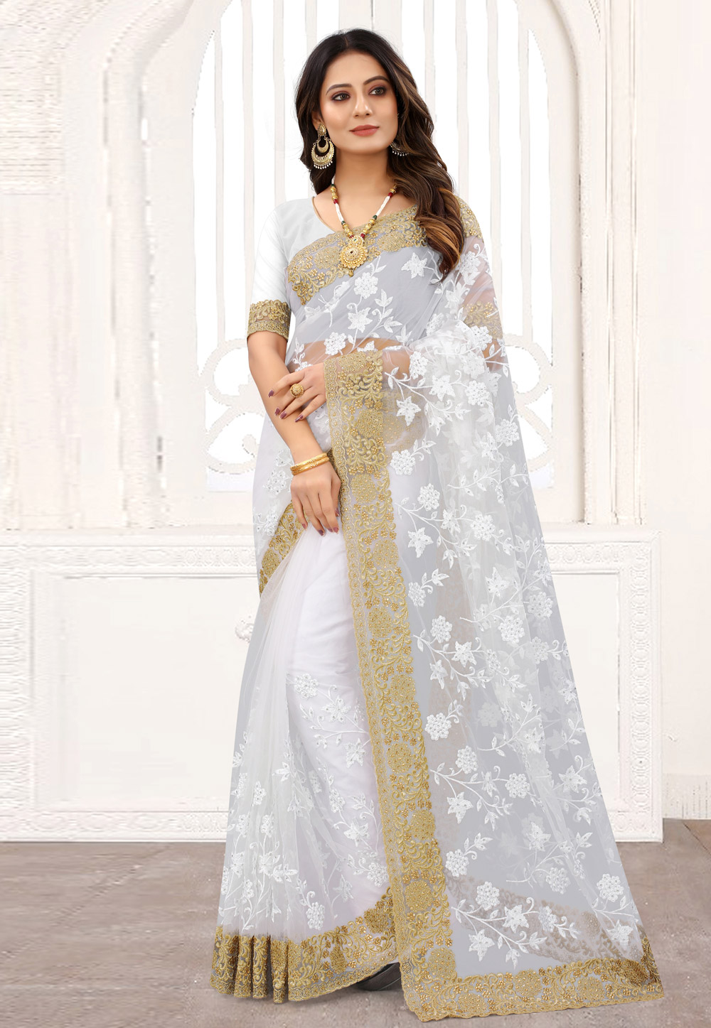 Off White Net Saree With Blouse 239156