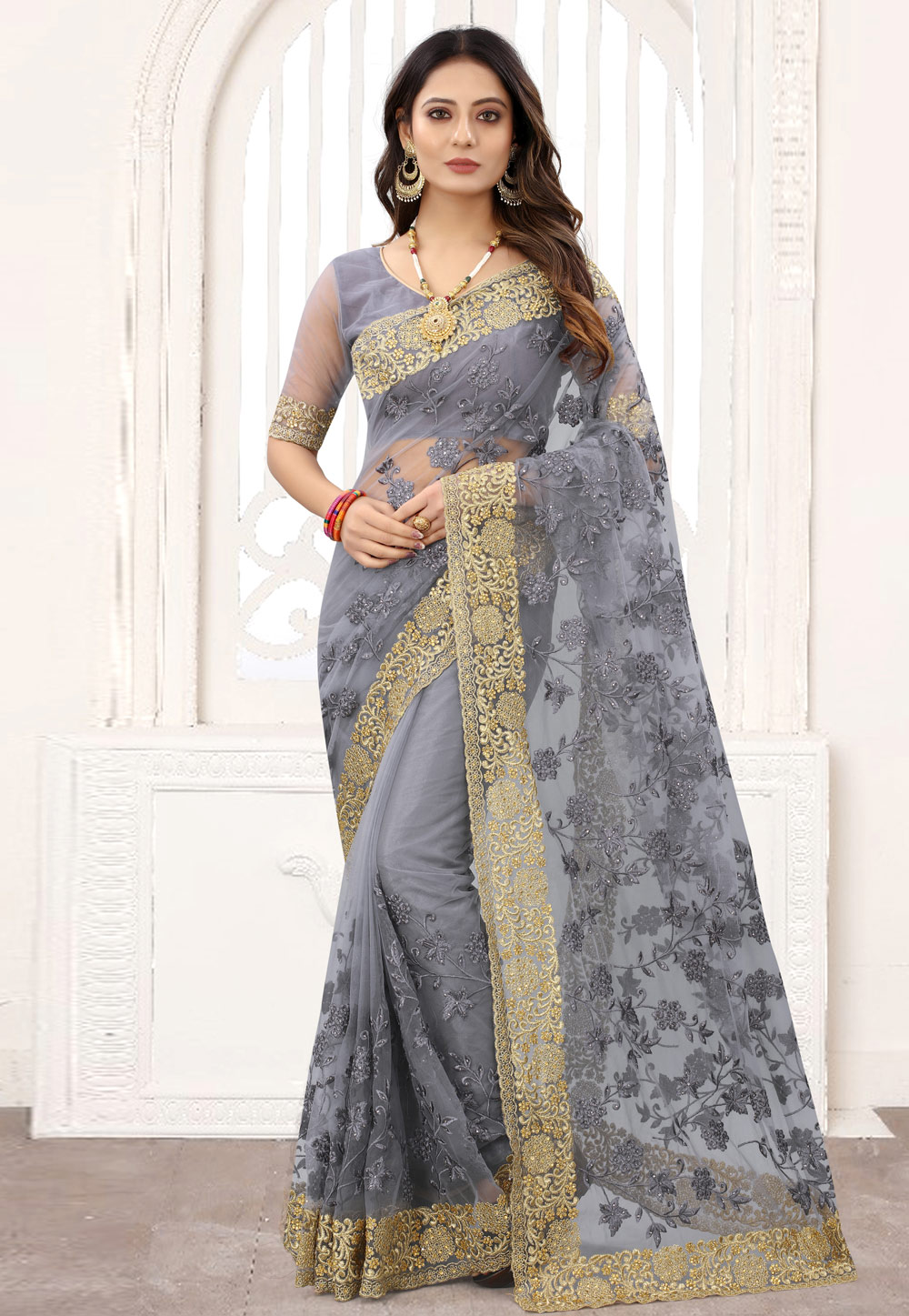 Grey Net Saree With Blouse 239158