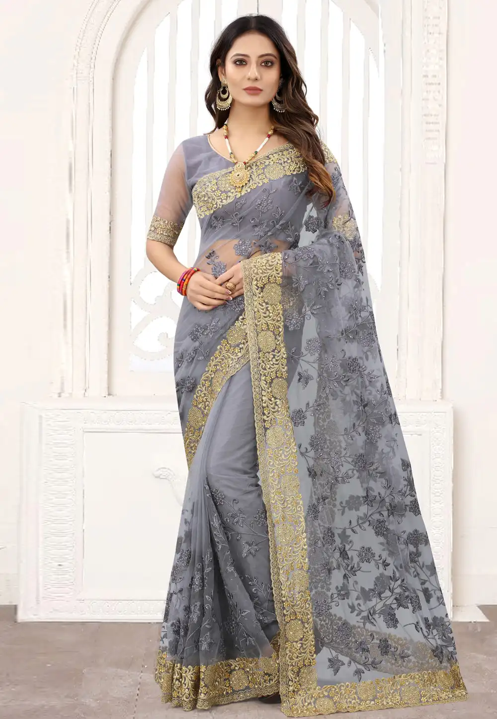 Grey Net Saree With Blouse 239158