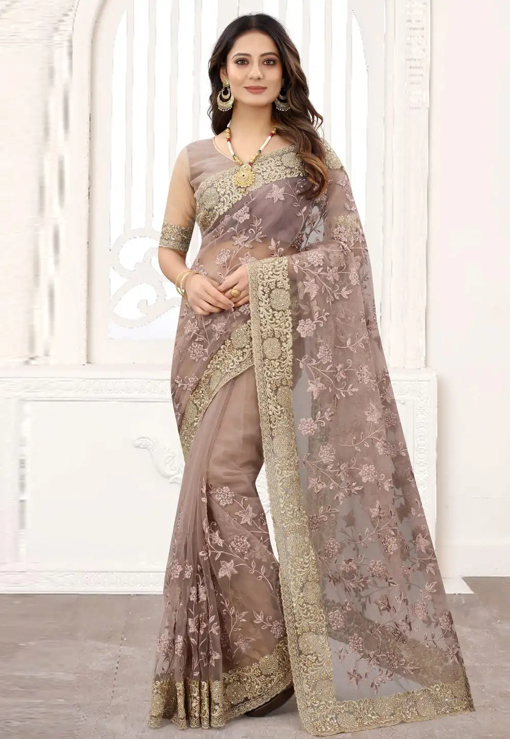 Brown Net Festival Wear Saree 239159