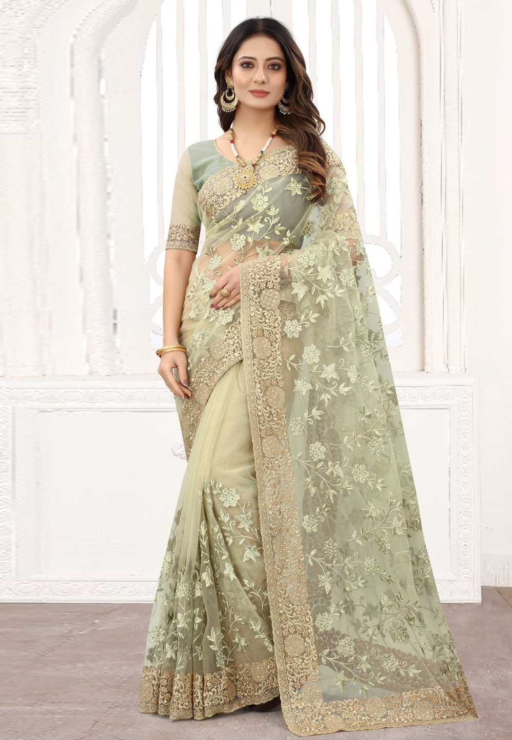 Light Green Net Festival Wear Saree 239161