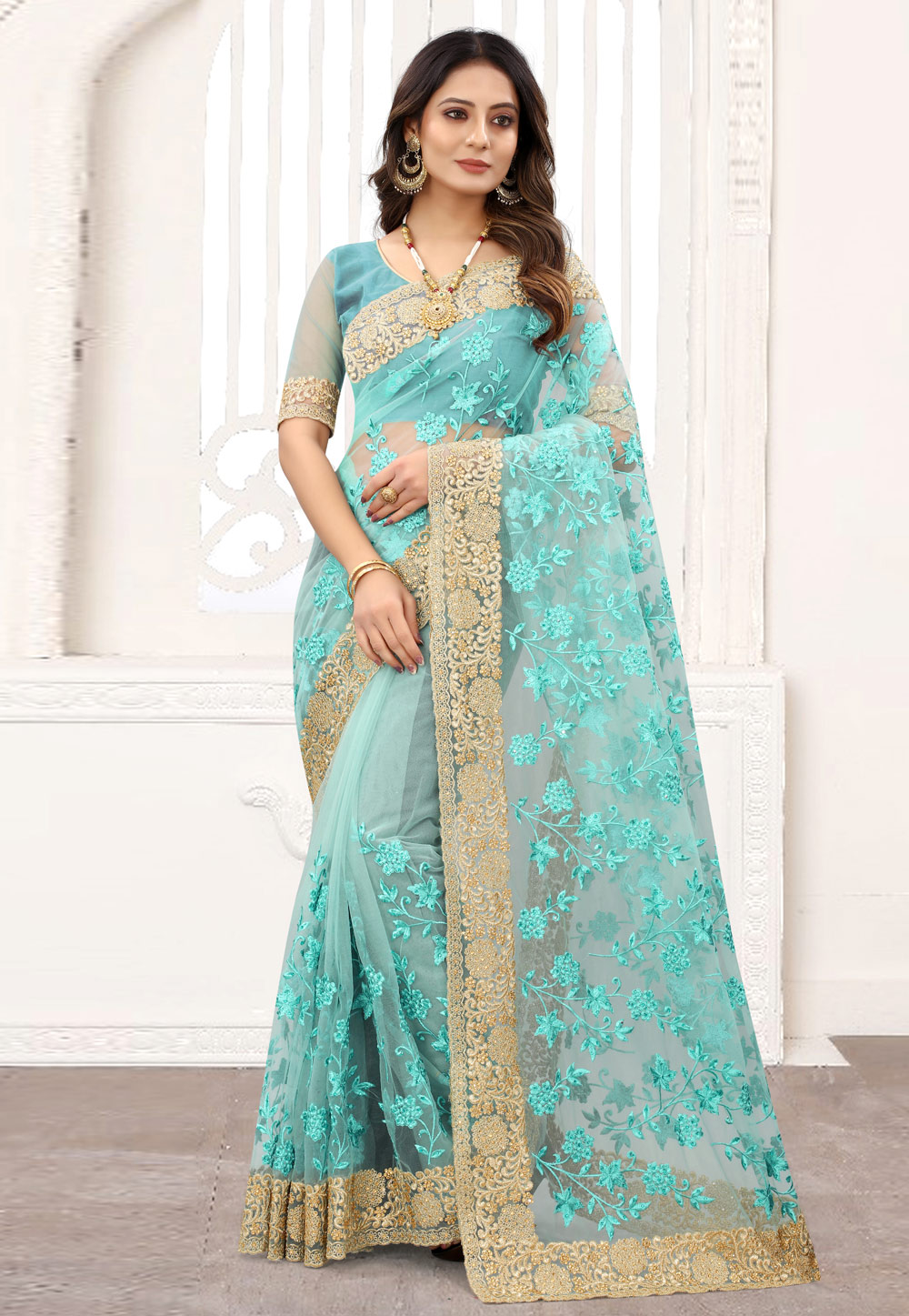 Sky Blue Net Festival Wear Saree 239163