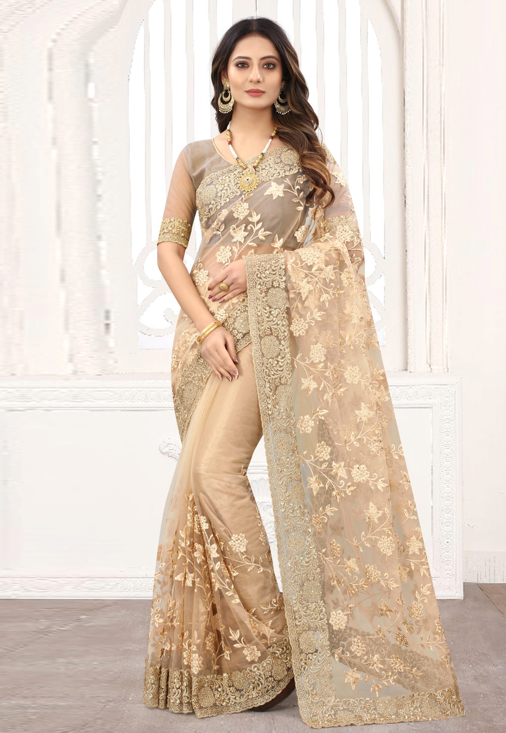 Beige Net Saree With Blouse 239164