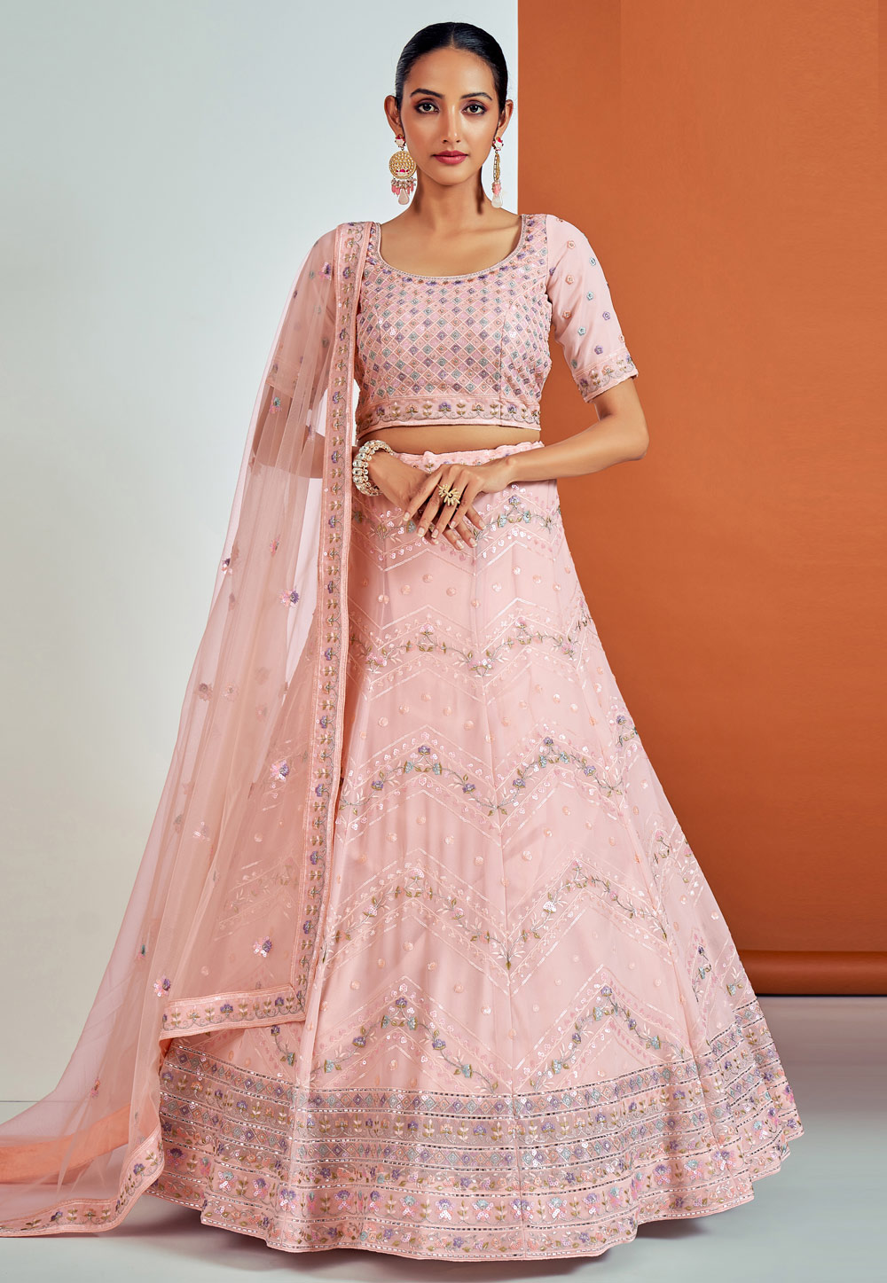 Light Pink Georgette A Line Lehenga Choli 262757