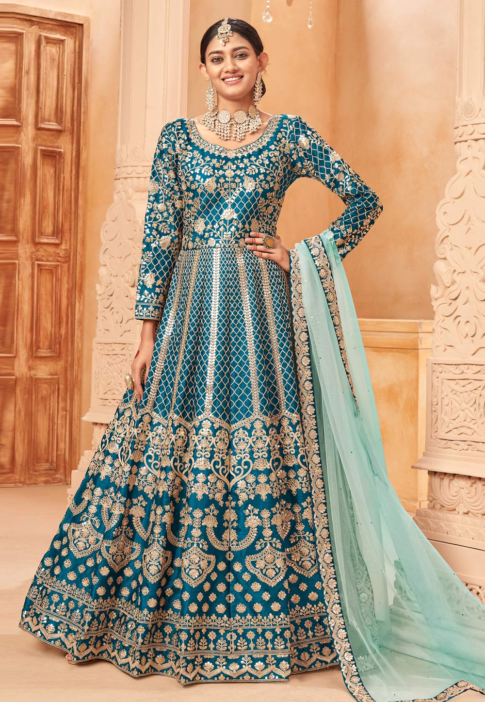 Teal Art Silk Embroidered Long Anarkali Suit 261137