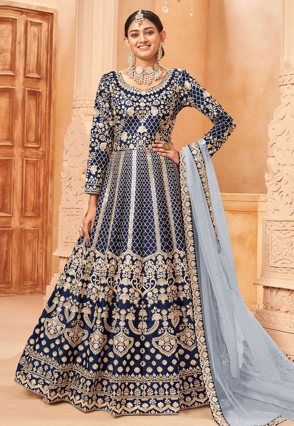 Navy Blue Art Silk Embroidered Long Anarkali Suit 261139