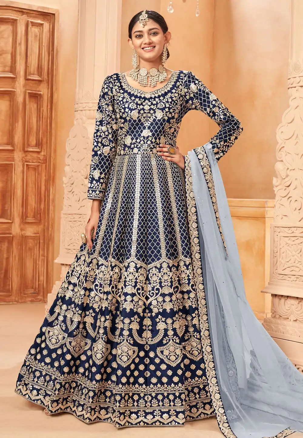 Navy Blue Art Silk Embroidered Long Anarkali Suit 261139