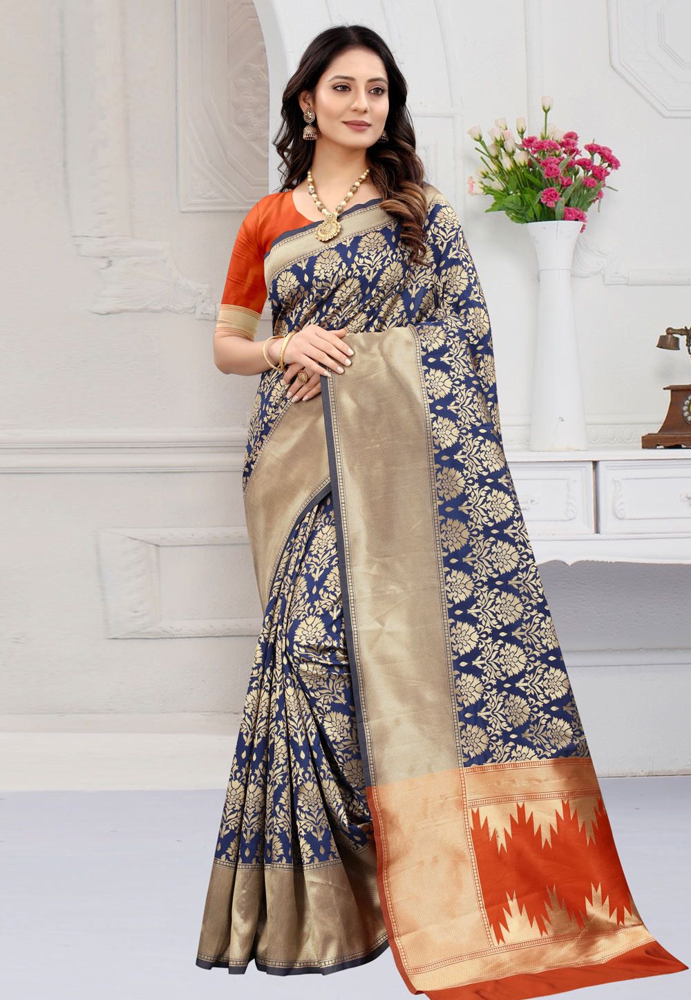 Navy Blue Banarasi Saree With Blouse 239727