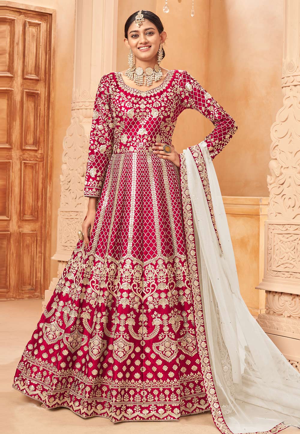 Magenta Art Silk Embroidered Abaya Style Anarkali Suit 261140