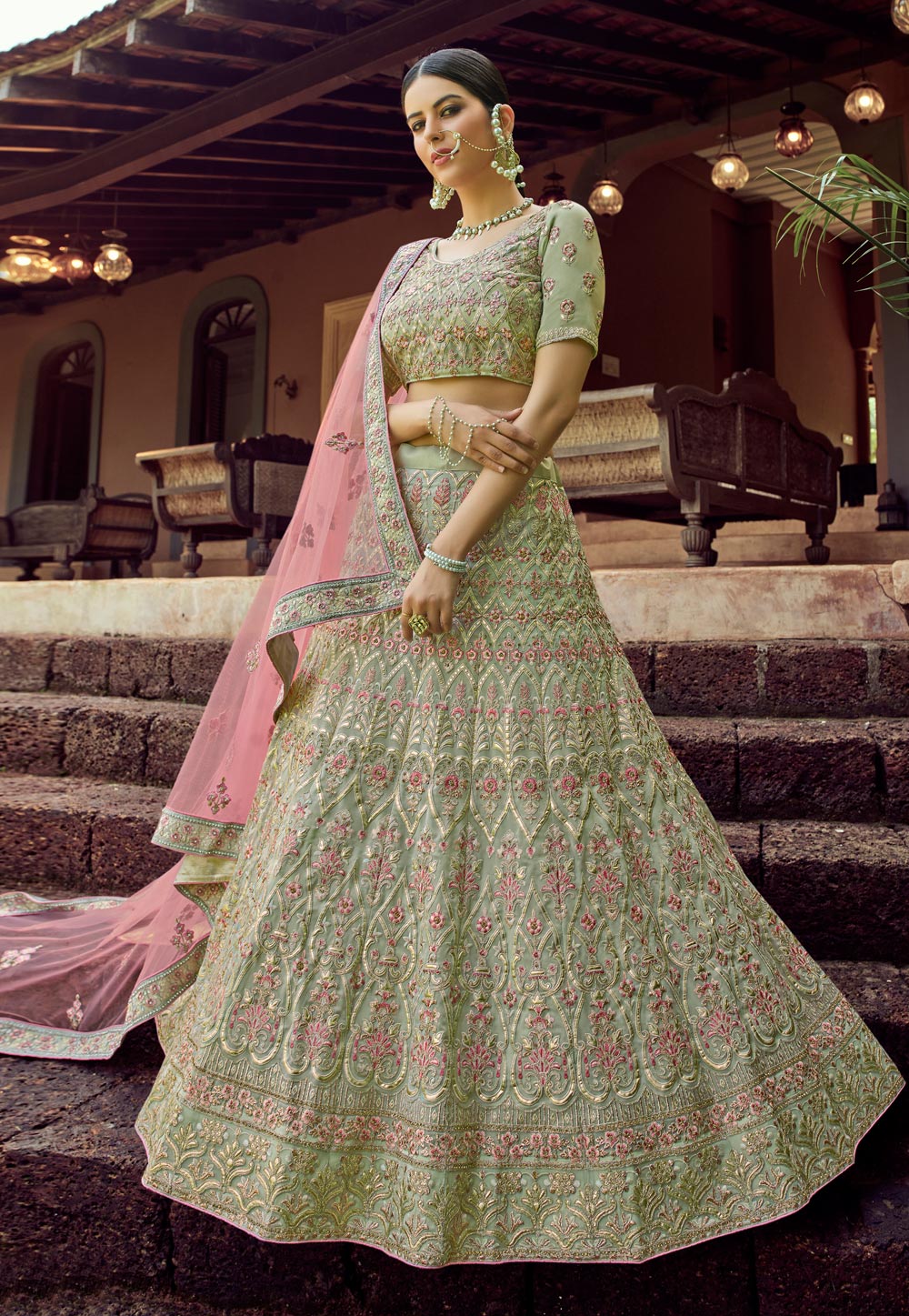 Light Green Georgette Embroidered Lehenga Choli 223936
