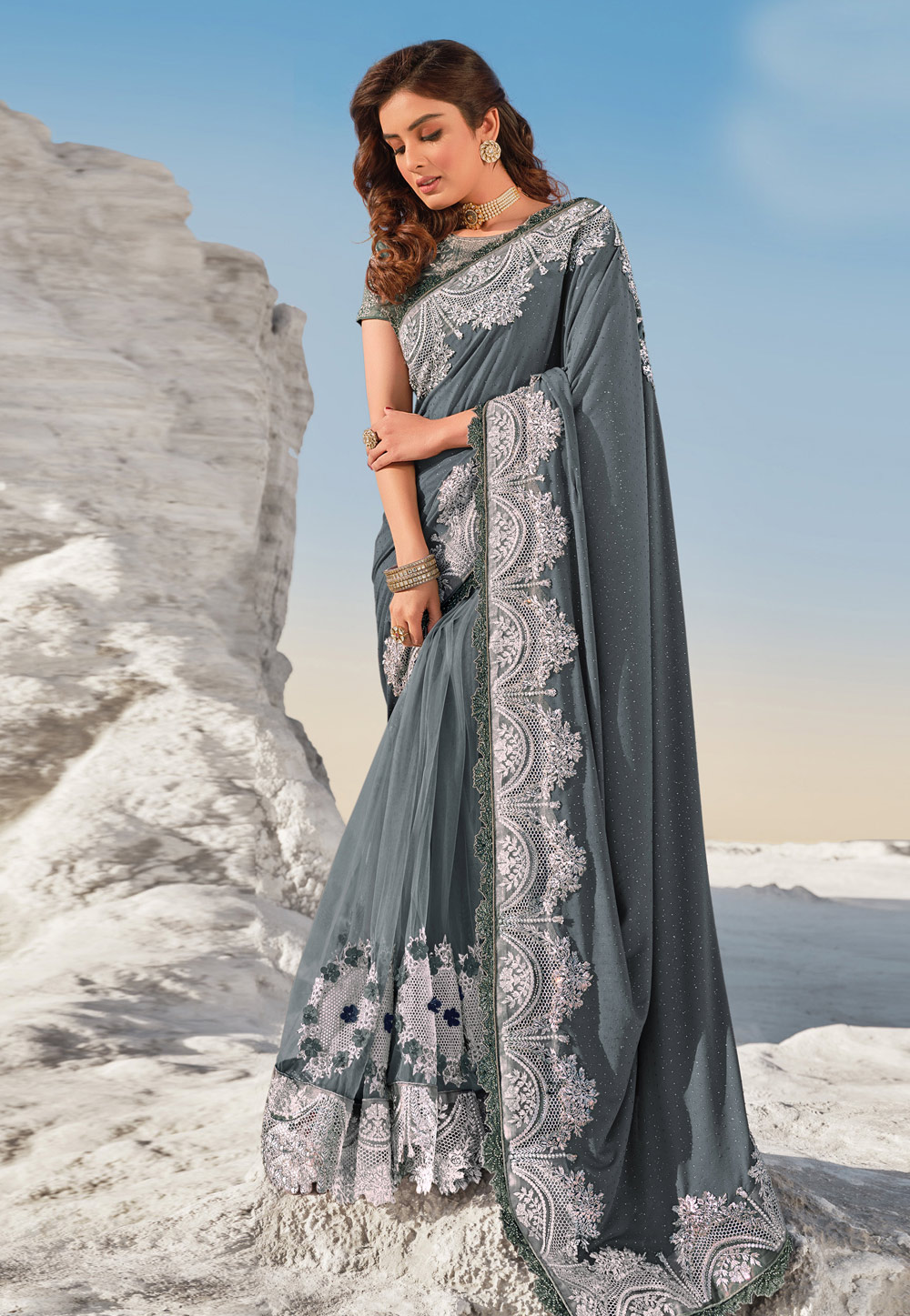 Grey Net Saree With Blouse 231449