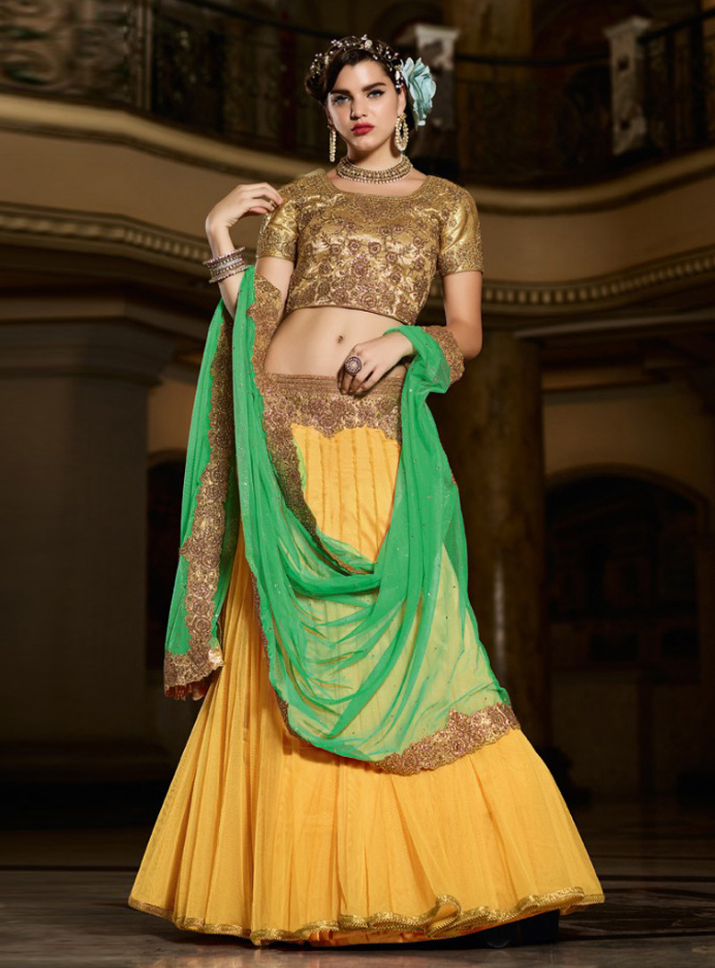 Yellow Soft Net A Line Lehenga Choli 144725
