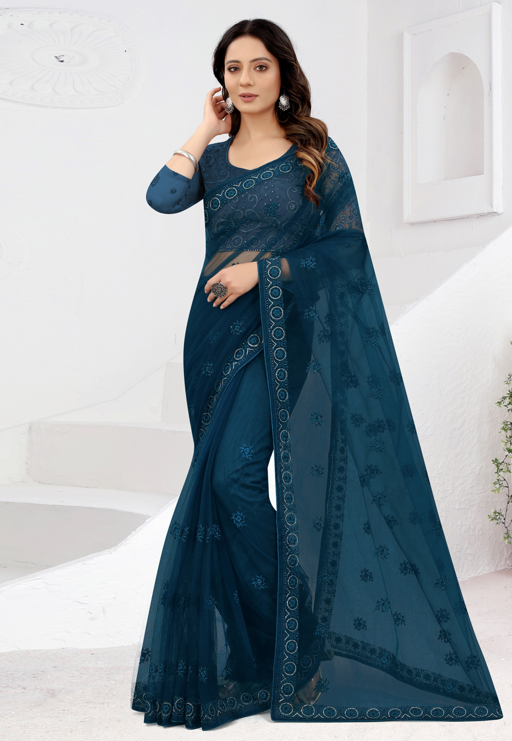 Teal Net Saree With Blouse 241131