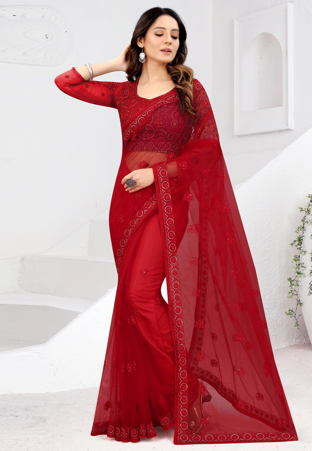Red Net Festival Wear Saree 241132