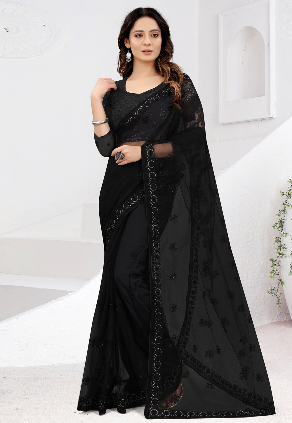 Black Net Saree With Blouse 241133