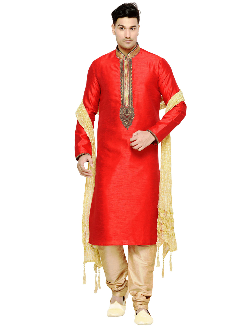 Red Dupion Readymade Kurta Pajama 117354