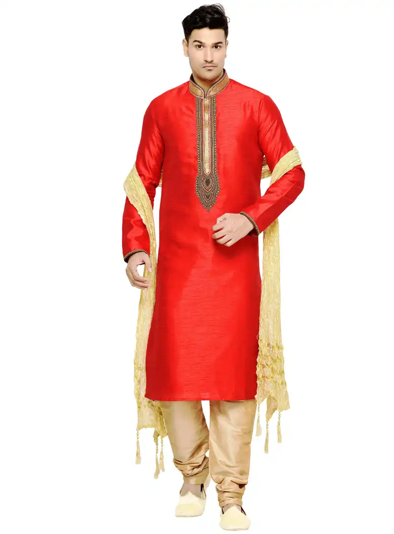 Red Dupion Readymade Kurta Pajama 117354