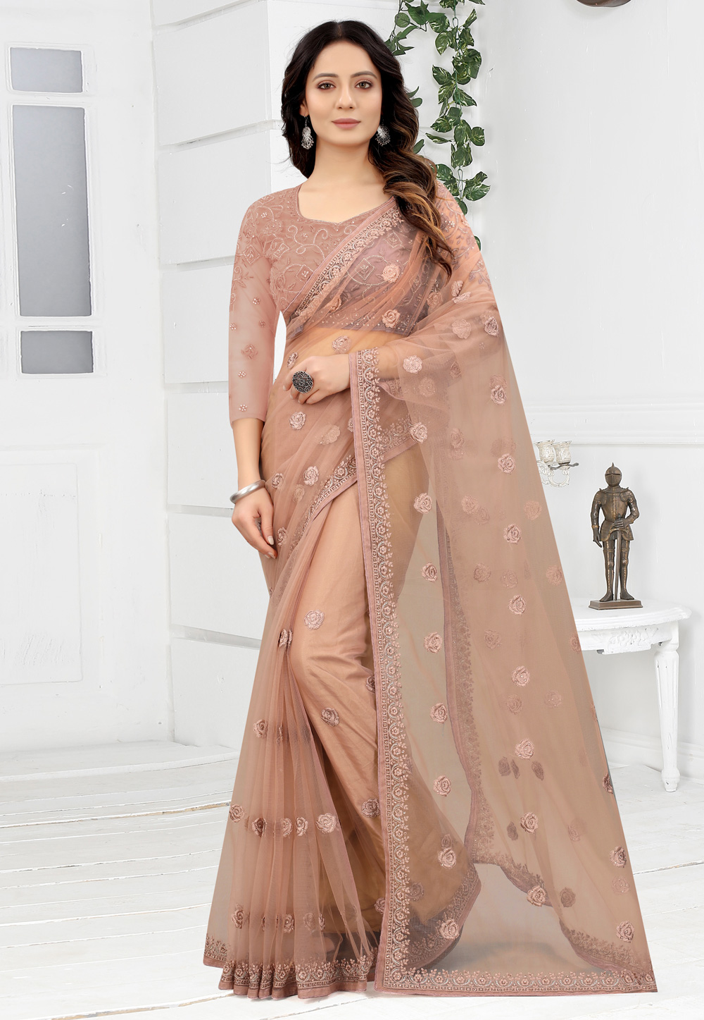 Peach Net Saree With Blouse 241135