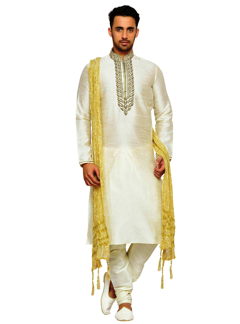 White Dupion Readymade Kurta Pajama 117358